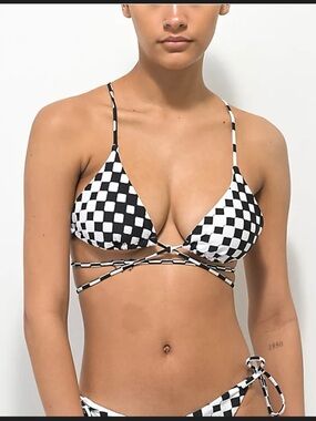 Trillium Black & White Checkered Triangle Tie Bikini Top